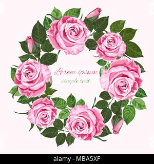 Vector salvare la data del matrimonio inviti con le rose rosa corona sullo sfondo bianco. Design floreale per biglietto di auguri Illustrazione Vettoriale