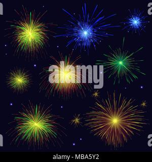 Festa multicolore vettore scintillante blu, Golden, verde, rosso set di fuochi d'artificio. Il 4 luglio il giorno di indipendenza, le vacanze di capodanno sfondo. Illustrazione Vettoriale