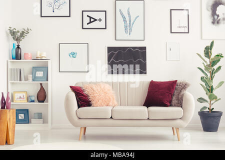 Cuscini rossi sul divano accanto al ficus contro il muro bianco con galleria nella vita moderna sala interna Foto Stock