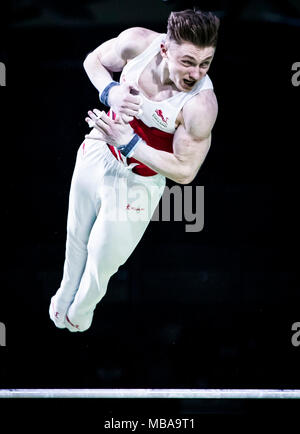 L'Inghilterra del Nilo Wilson vince oro durante gli Uomini Horizontal Bar a Coomera centro sportivo coperto durante il giorno cinque del 2018 Giochi del Commonwealth in Gold Coast, Australia. Foto Stock