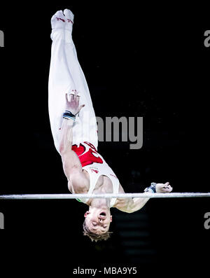 L'Inghilterra del Nilo Wilson vince oro durante gli Uomini Horizontal Bar a Coomera centro sportivo coperto durante il giorno cinque del 2018 Giochi del Commonwealth in Gold Coast, Australia. Foto Stock