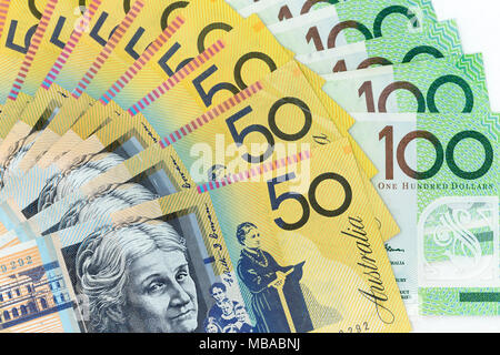 Cambio banconote sparsi su telaio dollaro australiano in vari denominazione Foto Stock