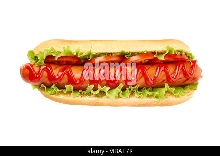 Hot Dog con lattuga e pomodoro su bianco Foto Stock