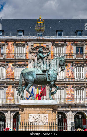 Felipe III statua equestre, Plaza Mayor, Madrid, la Comunità di Madrid, Spagna Foto Stock