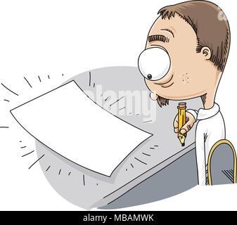Un cartoon uomo con una matita si sente angoscia come egli si trova di fronte a un pezzo di carta che ha bisogno di riempire. Illustrazione Vettoriale