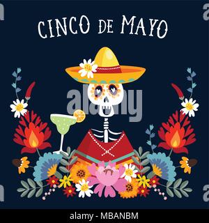 Cinco de Mayo bigliettino, invito con scheletro messicano con sombrero hat bere cocktail Margarita, peperoncino e folklore decorativo flo Illustrazione Vettoriale