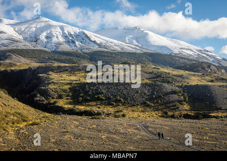 Gli escursionisti a piedi tra Torres e rifugio Rifugio Cuernos, parco nazionale Torres del Paine, Patagonia, Cile Foto Stock