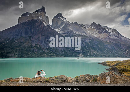 Mirador Cuernos, in Lago Nordenskjöld, potete vedere le incredibili Cuernos Del Paine e Monte Almirante Nieto, parco nazionale Torres del Paine, Patagonia, Foto Stock