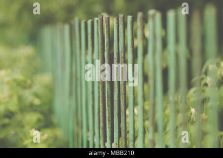 Immagine di un decorativo in ghisa recinzione battuto con artistiche forgiatura. Guardrail metallico close up Foto Stock