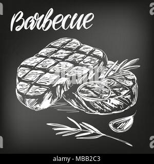 Carne alimentare, bistecche, set arrosto, testo calligrafico, disegnati a mano illustrazione vettoriale disegno realistico, , disegnati in gesso su una lavagna nera Illustrazione Vettoriale