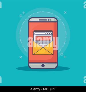 Smartphone con email marketing le relative icone su sfondo blu, illustrazione vettoriale Illustrazione Vettoriale