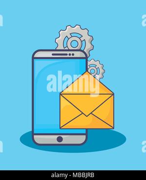 Smartphone con email marketing le relative icone su sfondo blu, illustrazione vettoriale Illustrazione Vettoriale