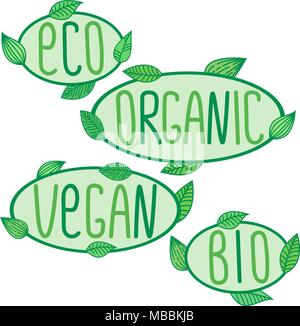 Eco Bio, organico, vegan segni, etichetta del vettore di scritte, ecologico, vegetariano, concetti organico adesivi e distintivi Illustrazione Vettoriale