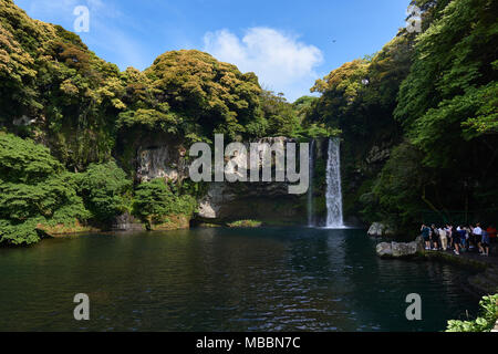 Jeju, Corea del Sud - 25 Maggio 2017: Cheonjiyeon cascate, una delle più famose cascate sul isola di Jeju. La cascata è 22m alto e il nome significa "k Foto Stock