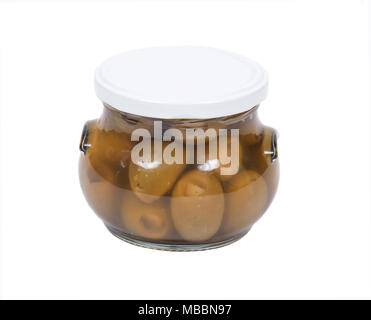 Green colossale mano Olive ripiene con Aglio guanti in vaso Foto Stock