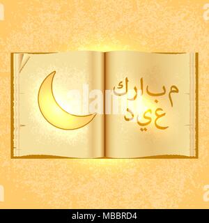 Vacanza islamica Eid al-Fitr. Il concetto dell'evento. Aprire un vecchio libro in cui l'iscrizione e la falce di luna. Arabo islamico di calligrafia Illustrazione Vettoriale