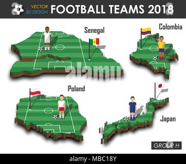 Nazionali di calcio 2018 GRUPPO H . Giocatore di football e flag su 3D design country mappa . isolato sfondo . Vettore internazionale per il campione del mondo Illustrazione Vettoriale