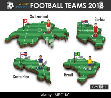 Nazionali di calcio 2018 GRUPPO E . Giocatore di football e flag su 3D design country mappa . isolato sfondo . Vettore internazionale per il campione del mondo Illustrazione Vettoriale