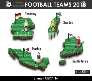 Nazionali di calcio 2018 il gruppo F . Giocatore di football e flag su 3D design country mappa . isolato sfondo . Vettore internazionale per il campione del mondo Illustrazione Vettoriale