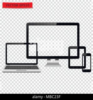 Computer desktop, laptop, tablet e telefono cellulare con trasparenza. Illustrazione Vettoriale. Illustrazione Vettoriale