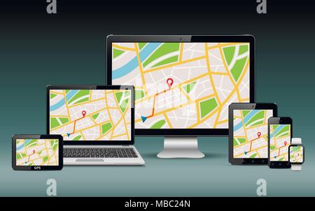 Modello di navigazione. Mappa GPS sul display dei moderni dispositivi digitali. Illustrazione Vettoriale