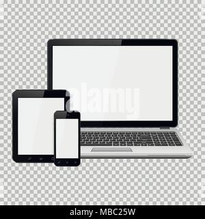 Laptop, smartphone e tablet mockup isolato su sfondo trasparente Illustrazione Vettoriale