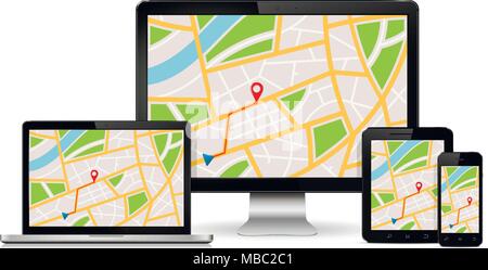 Mappa con la posizione GPS mark visualizzato su dispositivi digitali sullo schermo. Risponde la navigazione web design concept. Illustrazione Vettoriale