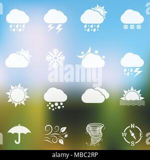 Meteo icone vettoriali su sfondo sfocato Illustrazione Vettoriale