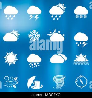 Icone meteo impostato su sfondo sfocato, vettore Illustrazione Vettoriale