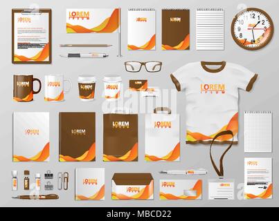 Branding corporate identity design modello. Cartoleria moderna mockup per il negozio con la moderna di colore arancione. Lo stile aziendale di cartoleria e di documentazione. Illustrazione Vettoriale Illustrazione Vettoriale