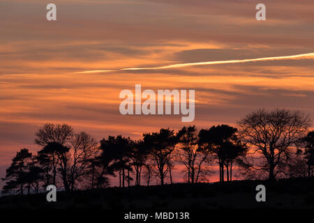 Il sole è scomparso sotto l'orizzonte lasciando una gamma di colori che illuminano il cielo sopra il South Tyne Valley vicino a Melkridge, Nothumberland Foto Stock