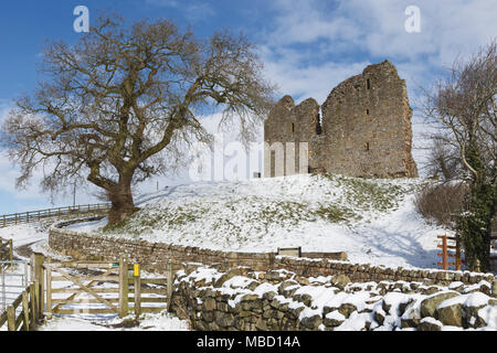 Il Vallo di Adriano in inverno - i resti del castello di Thirlwall, sopra il suo dosso accanto al Vallo di Adriano percorso Foto Stock