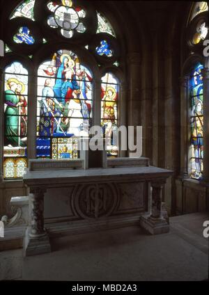 Dettagli della vita di Giovanna d'arco. Joan pregare davanti alla Vergine. Vetrata nel Basilique du Bois- Chenu, a Domremy. Xix secolo. Foto Stock