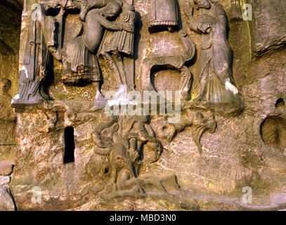 Saint in piedi sul Irminsul o albero del mondo,progettato per mostrare come il mondo pagano albero deve inchinarsi alla "albero" su cui Cristo è morto. Externsteine rocce, Detmold. Foto Stock