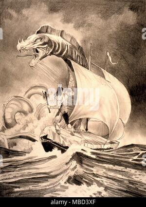 Mostri MARINI (Leviathan) - Disegno a matita da una sketchbook dall'artista inglese, Gordon Wain, 1990 Foto Stock