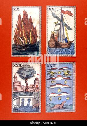 Elementi e elementali - la rappresentazione dei quattro elementi - XX Fire: XXI Acqua: XXXII Terra e XXIII dell'aria. Schede di simbolo da Minchiate pack (un gioco dei Tarocchi) del XVIII secolo. - ©Charles Walker / Foto Stock