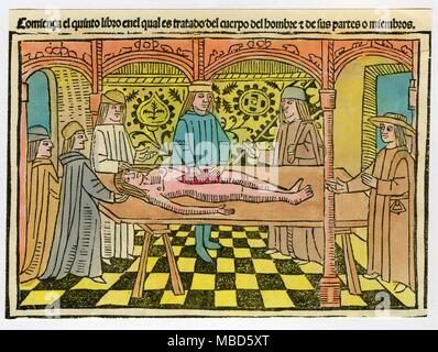 Questa autopsia è condotta in presenza di un certo numero di studenti. Da Bartholomaeus de Glanvilla, 'De las Propriedades de las cosas" [1494]. Foto Stock