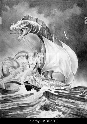 Mostri MARINI (Leviathan) - Disegno a matita da una sketchbook dall'artista inglese, Gordon Wain, 1990 Foto Stock