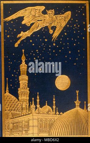 Demone volante - oro-legame di demon volando sopra la città orientale. Da Andrew Lang le versione modificata dell'Arabian Nights Entertainments 1908 Foto Stock