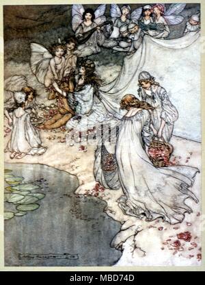 Fairy Tales - Midsummer Night's Dream - lei non ha mai avuto così dolce un Changeling. Illustrazione di Arthur Rackham per il 1908 edizione di una notte di mezza estate il sogno di Shakespeare Foto Stock