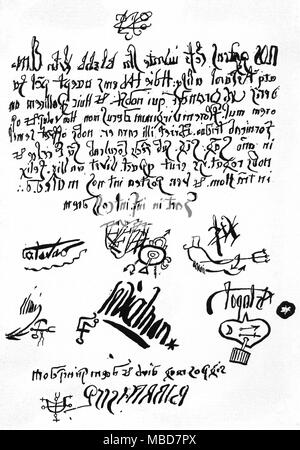 Patto - WITCHCRAFT - GRANDIER Facsimile del patto stabilito tra i demoni e il sacerdote francese, Urbain Grandier, circa 1634. Sebbene chiaramente una contraffazione, questo documento è stato utilizzato come prova contro di lui, a suo giudizio in Loudun nel 1634. Essa ha contribuito alla sua frase, che è stato quello che ha di essere torturato e bruciato vivo. Questo patto è scritto in specchio-scrittura Latina. Le prime due righe di lettura (quando viene invertita): Nos pptens Lcfr juvnte Stn Blzbb Lvtn Elm- atq Astarot alisq: hdie habems accettare pct foedreris Ub/GrandrÖ questi tradurre: noi, i potenti Lucifero, supportato da Satana, Foto Stock