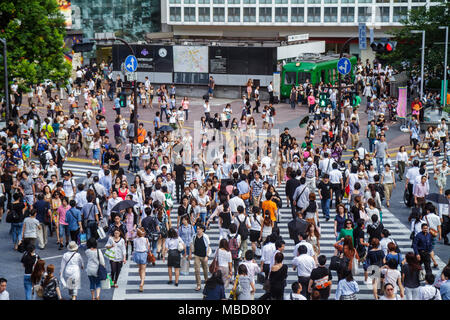 Tokyo Japan,Shibuya,JR Shibuya Station,Shibuya Crossing,kanji,personaggi,simboli,Inglese Giapponese,folla,Giapponese,Orientale,Japan110714105 Foto Stock