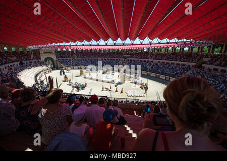 Les Epesses (centro-ovest della Francia). Tema storico parco Puy du Fou'. 2015/06/26. Atmosfera nel parco. Gli spettatori che frequentano il trionfo di segno Foto Stock