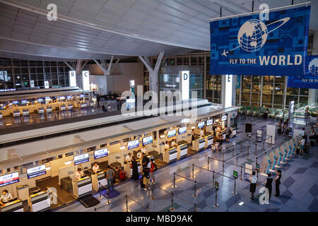 Tokyo Japan,Haneda Airport,kanji,personaggi,simboli,Inglese Giapponese,Asiatico Orientale,uomo uomini maschio adulti,donna donna donna donna donna donna,check in,agente,biglietto Foto Stock