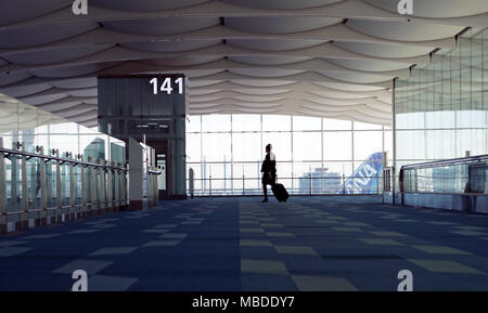 Assistente di volo che trasporta una valigia all'Aeroporto Haneda, Tokyo, Giappone Foto Stock