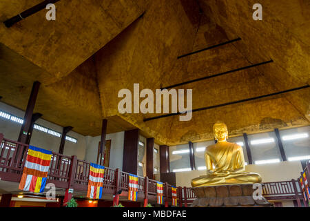 Parigi, Francia - Aprile 8, 2018: i dieci metri di altezza statua dorata di Buddha in una Lotus pongono, opera dello scultore Francois Mozes situato nella Grande Pagoda o Foto Stock