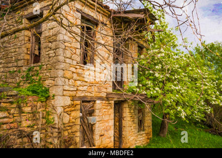 Abbandonato il vecchio villaggio house, regione Evrytania, Grecia - La pittura digitale Foto Stock