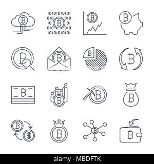 Linea Cryptocurrency set di icone. Collezione di vettori di contorno sottile Bitcoin finanziare i simboli. Corsa modificabile. Illustrazione Vettoriale