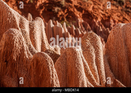 Il rosso tsingy di Antsiranana (Diego Suarez), Madagascar. Carsiche naturali di pietra arenaria, marne calcaree e Foto Stock