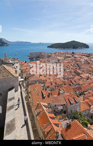 Vista del vecchio porto e isola di Lokrum dalle mura della città, città vecchia, Dubrovnik, Croazia Foto Stock